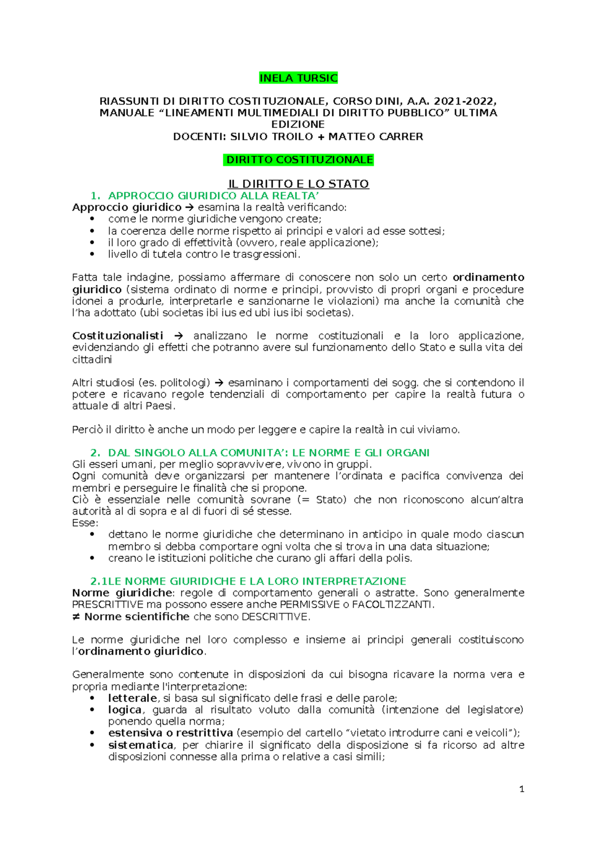 Riassunto Completo Diritto Costituzionale per Esame Corso DINI 2021-22 - Document Preview