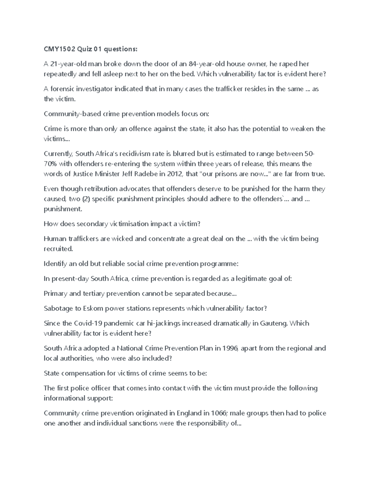 CMY1502 Quiz 01 & 02 Questions on Crime Prevention and Victimology ...