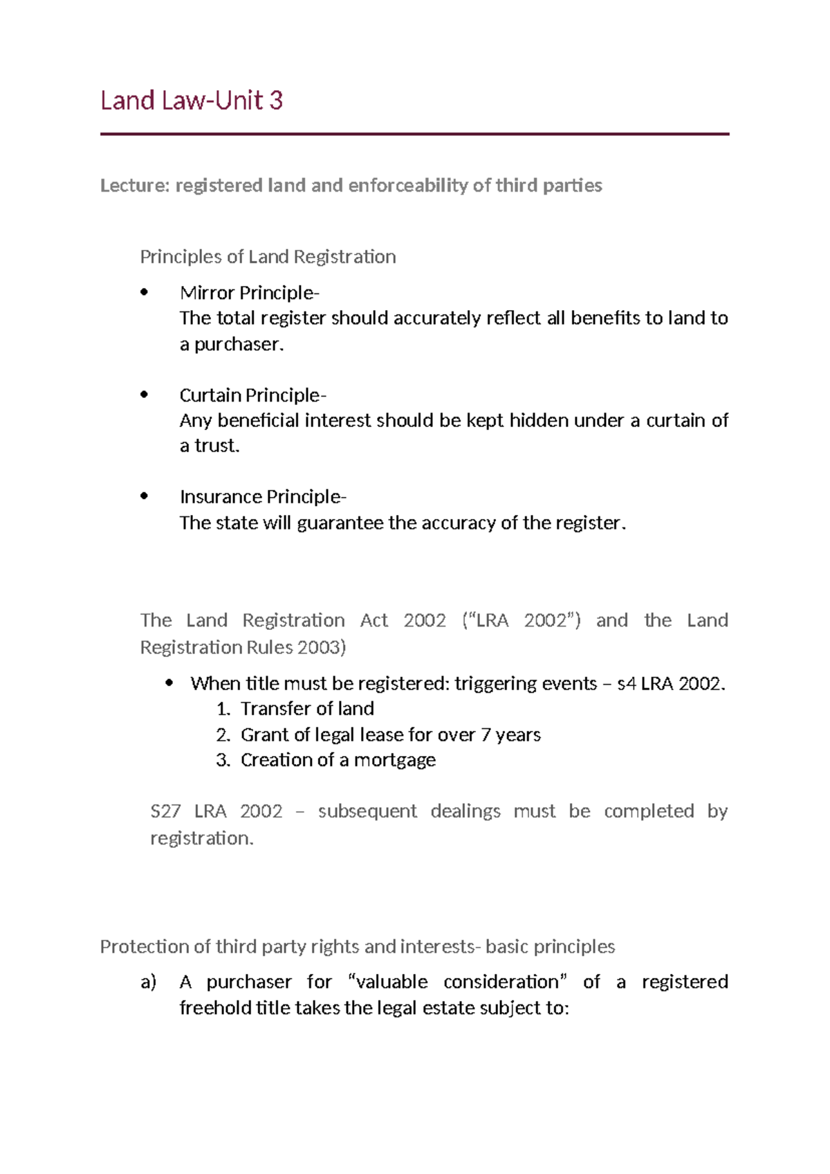 Land Law - Unit 3 - Lecture Notes: Registered Land & Third Party Rights ...