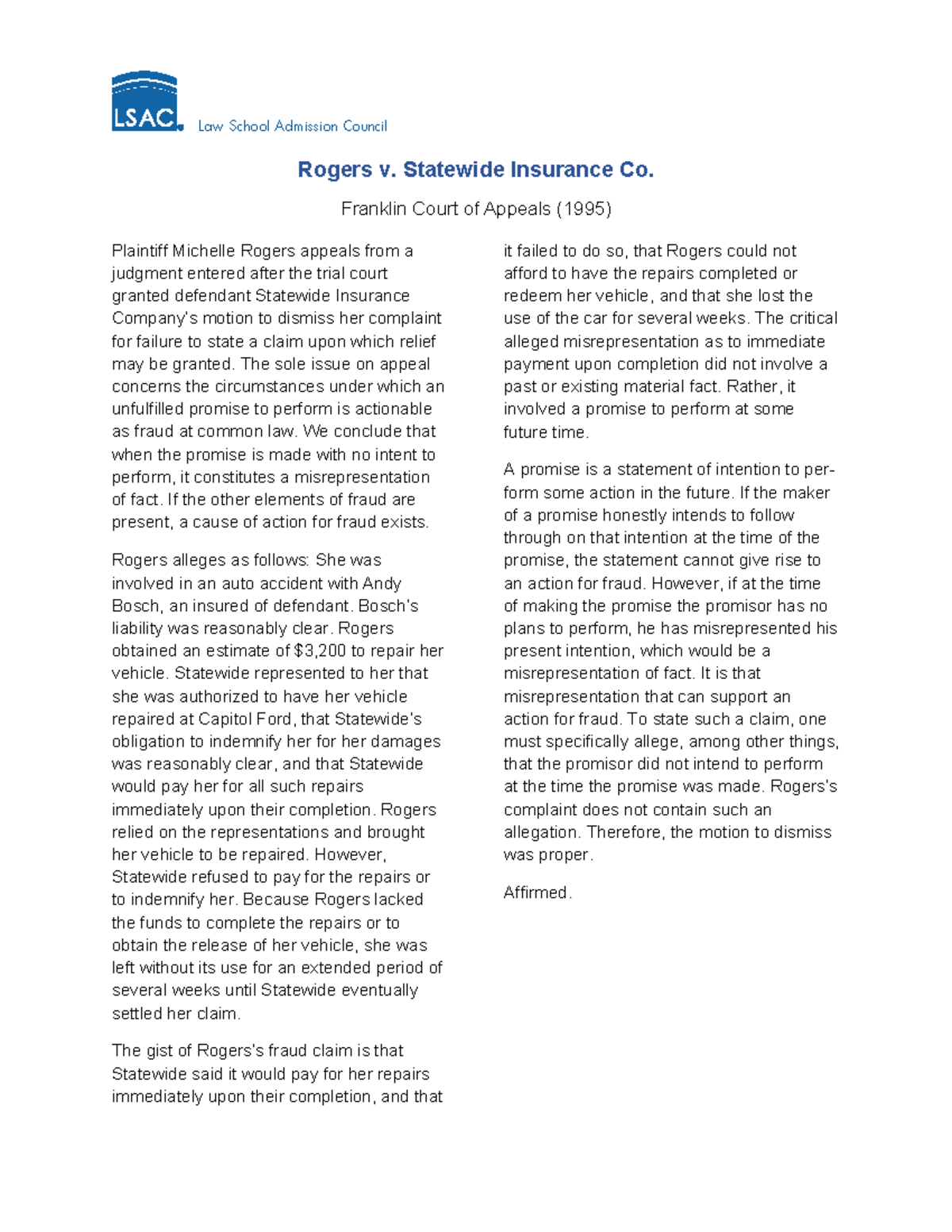 Case Study: Rogers v. Statewide Insurance Co. (1995) Analysis - Studocu