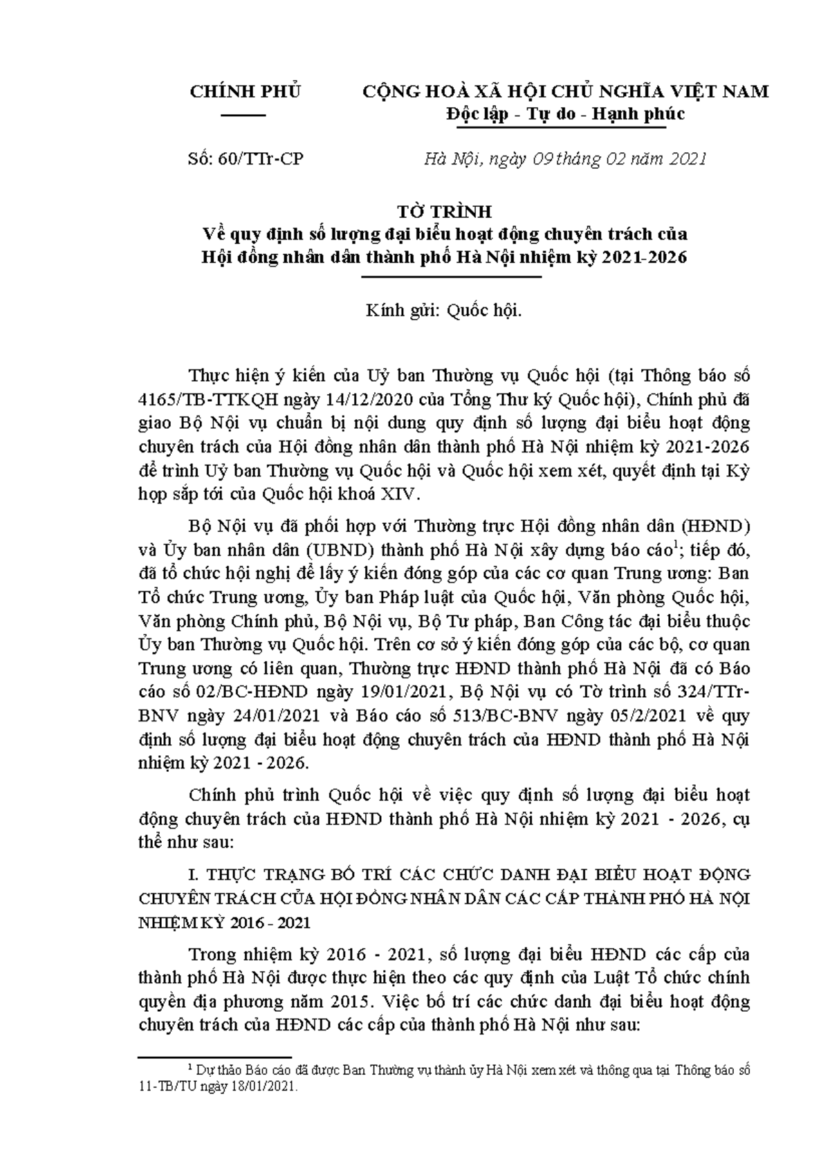 Tờ Trình Số Lượng Đại Biểu Hoạt Động Chuyên Trách HĐND TP Hà Nội 2021 ...