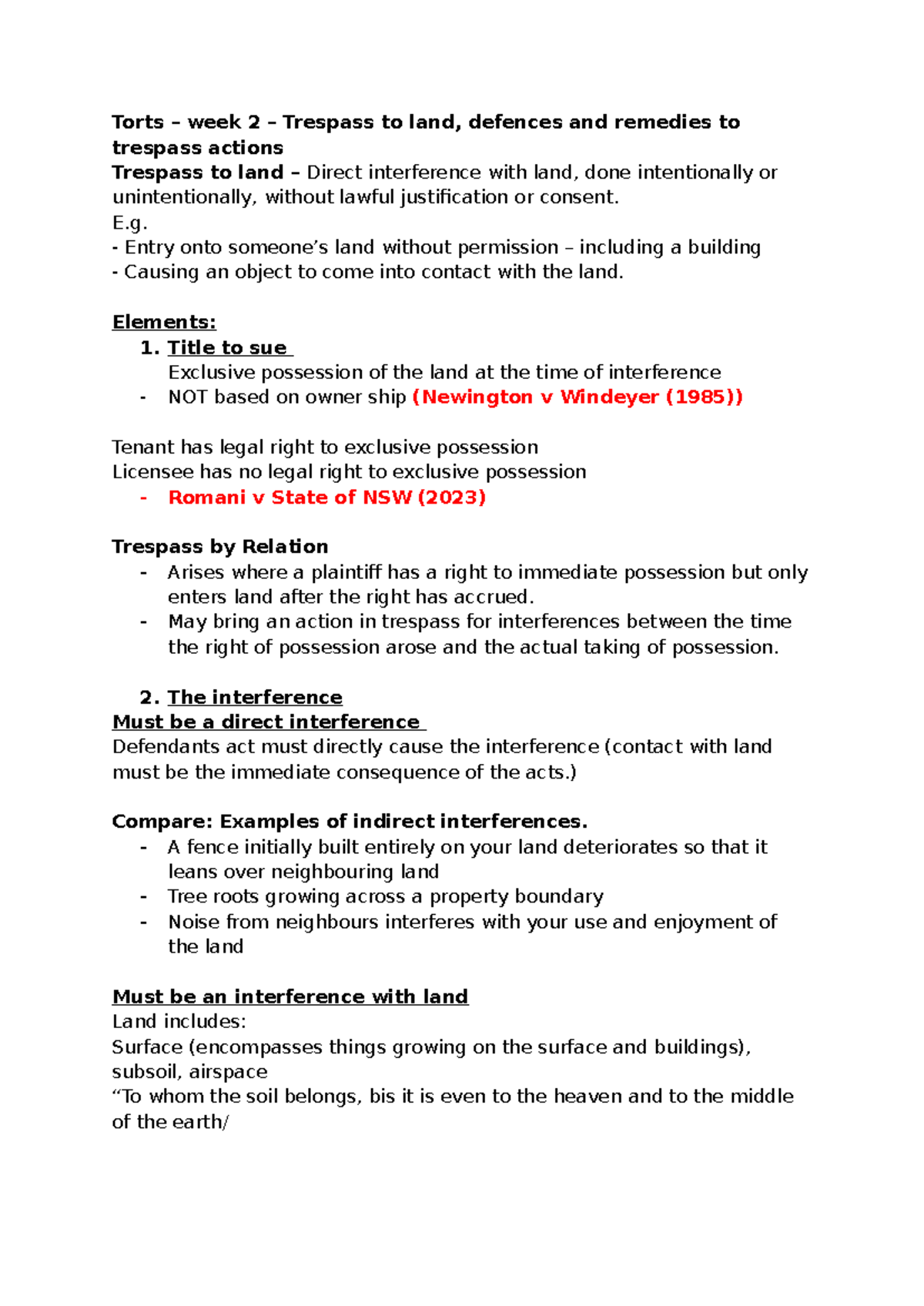 Week 2 - Trespass to land, defences and remedies to trespass actions ...