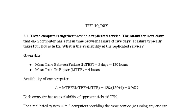 Tutorial 10 - DSY 2.1: Availability & Data Replication Schemes - Studocu