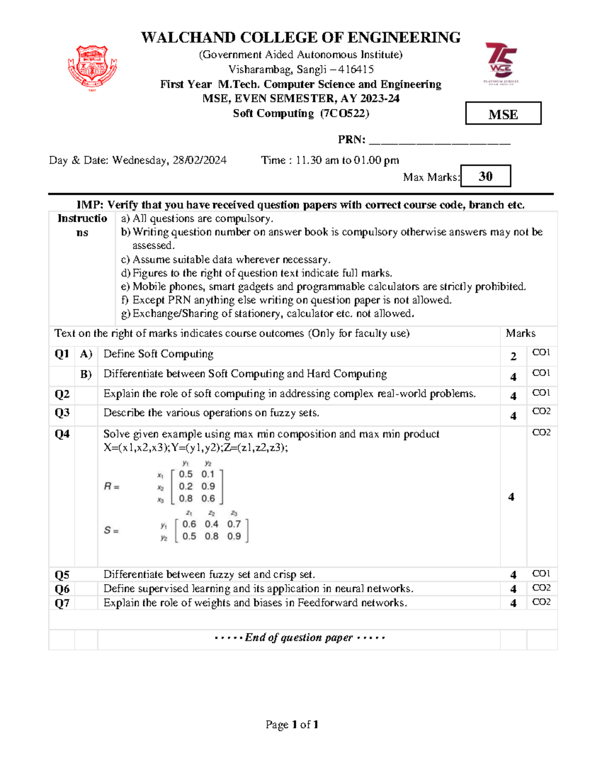 Soft Computing MSE EVEN SEM AY 2023-24 - Question Paper - Studocu