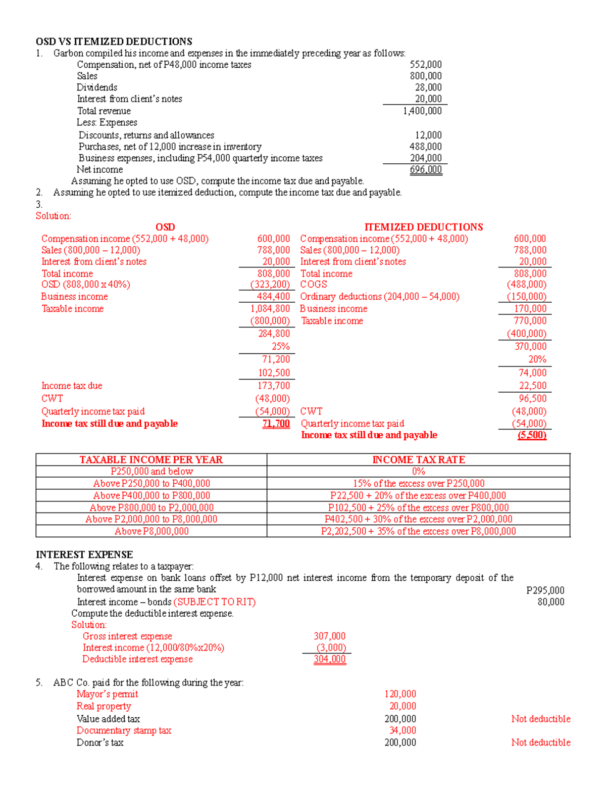 TAX 09: Solutions for OSD vs Itemized Deductions and Tax Computations ...