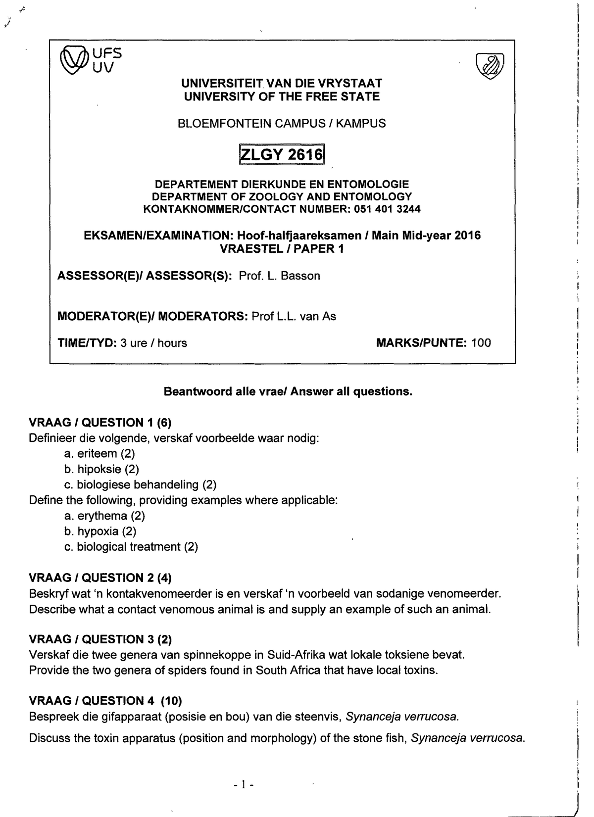 UFS ZLGY 2616 VRAESTEL PAPER 1: Assessments and Questions - Studocu
