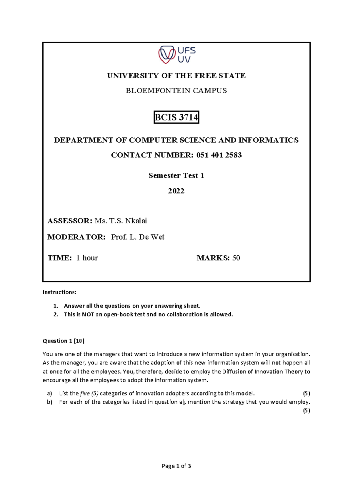 BCIS3714 Semester Test 1 Memo - 2022 Analysis and Strategies - Studocu