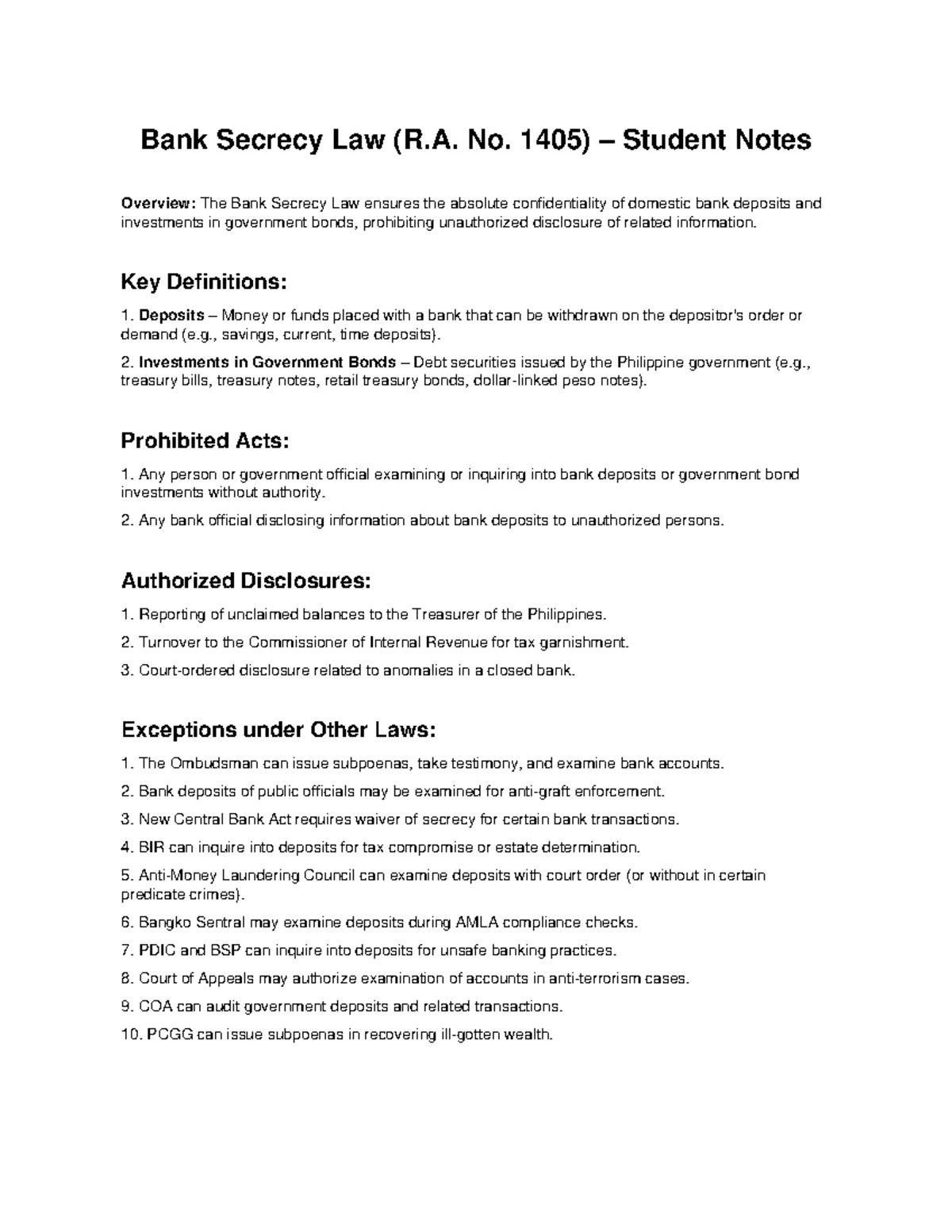 Bank Secrecy Law (R.A. No. 1405) Student Notes Overview - Studocu