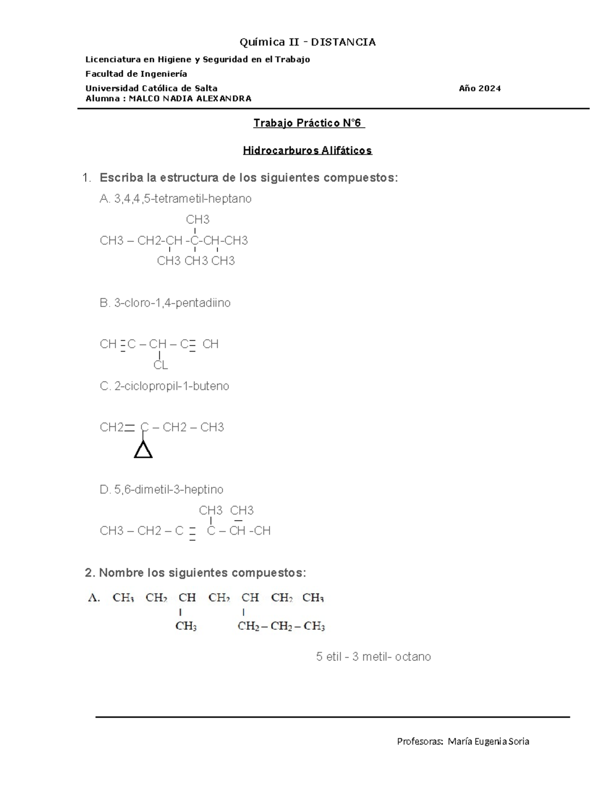 TP N° 6 Química II - Hidrocarburos Alifáticos y Reacciones - Document Preview