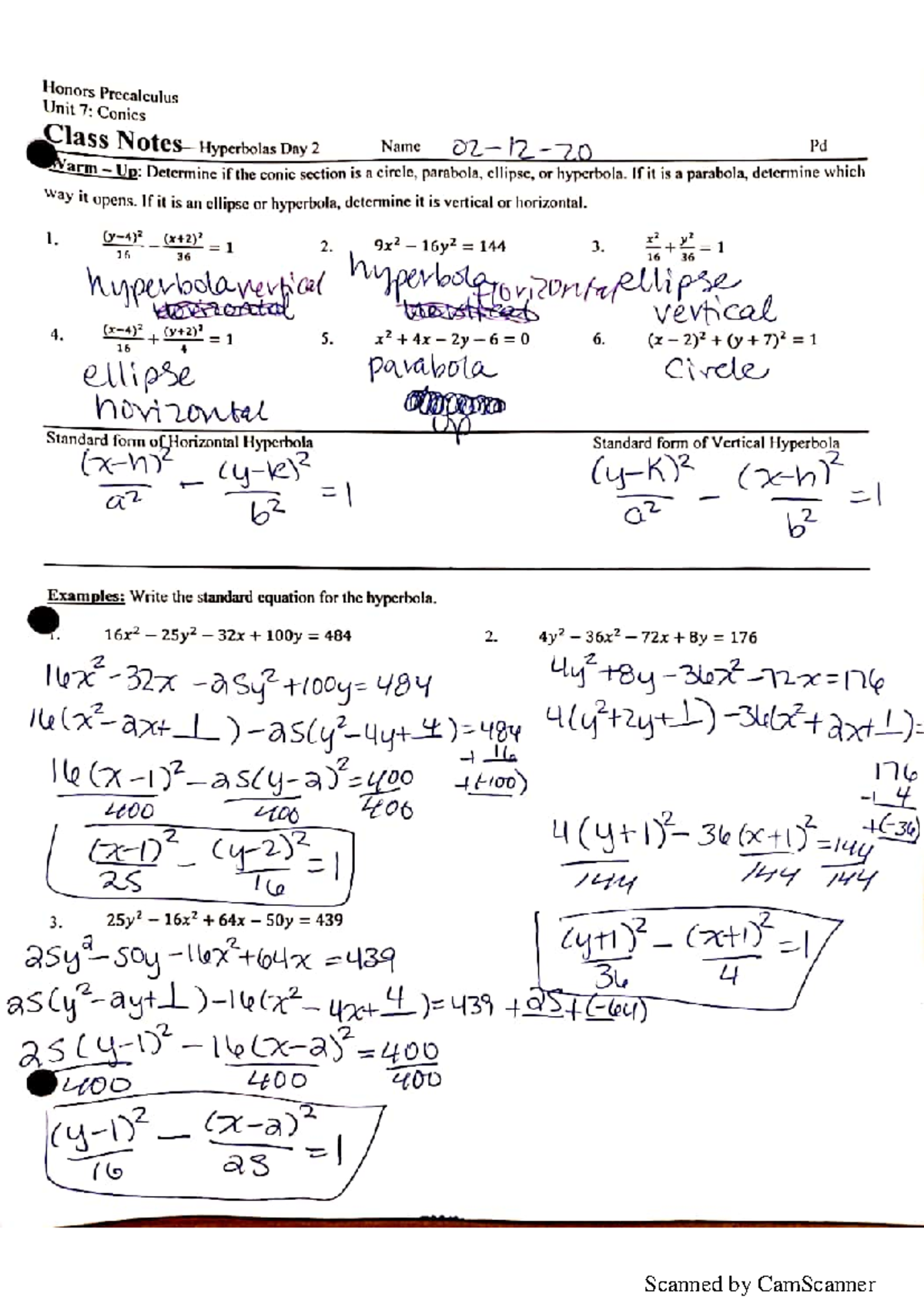 02-11 Honors Precalculus Class Notes - Unit 7 Conics Day 2 - Studocu