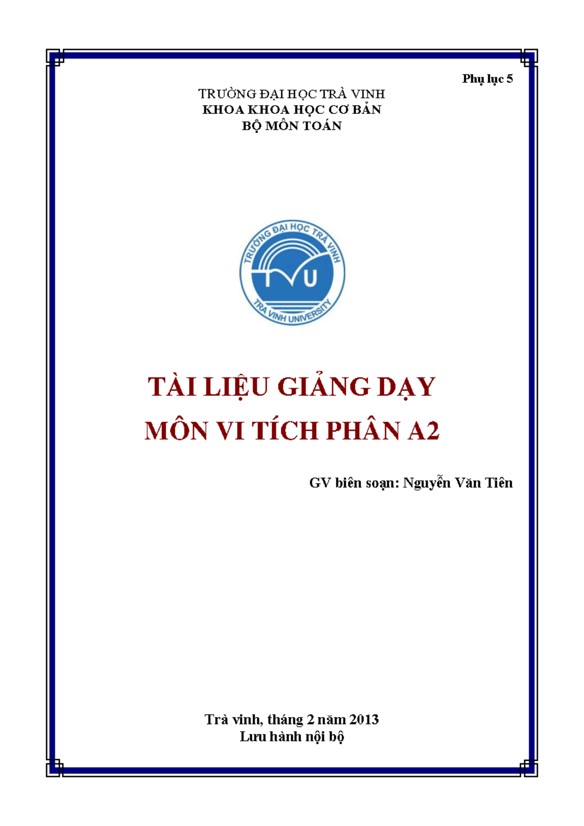 TLGD VTP A2 - Giảng dạy Vi Tích Phân A tại Trà Vinh - Studocu