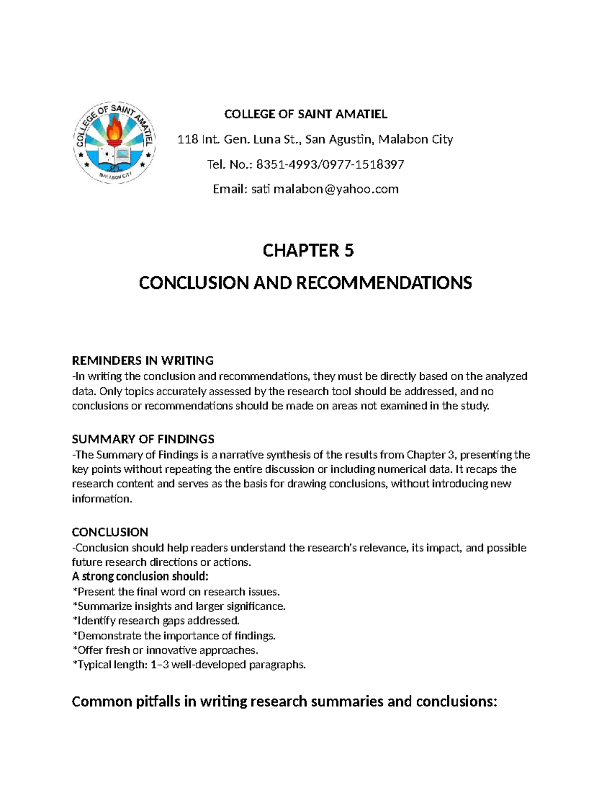 Chapter 5 - Conclusion & Recommendations Summary (COLLEGE OF SAINT ...