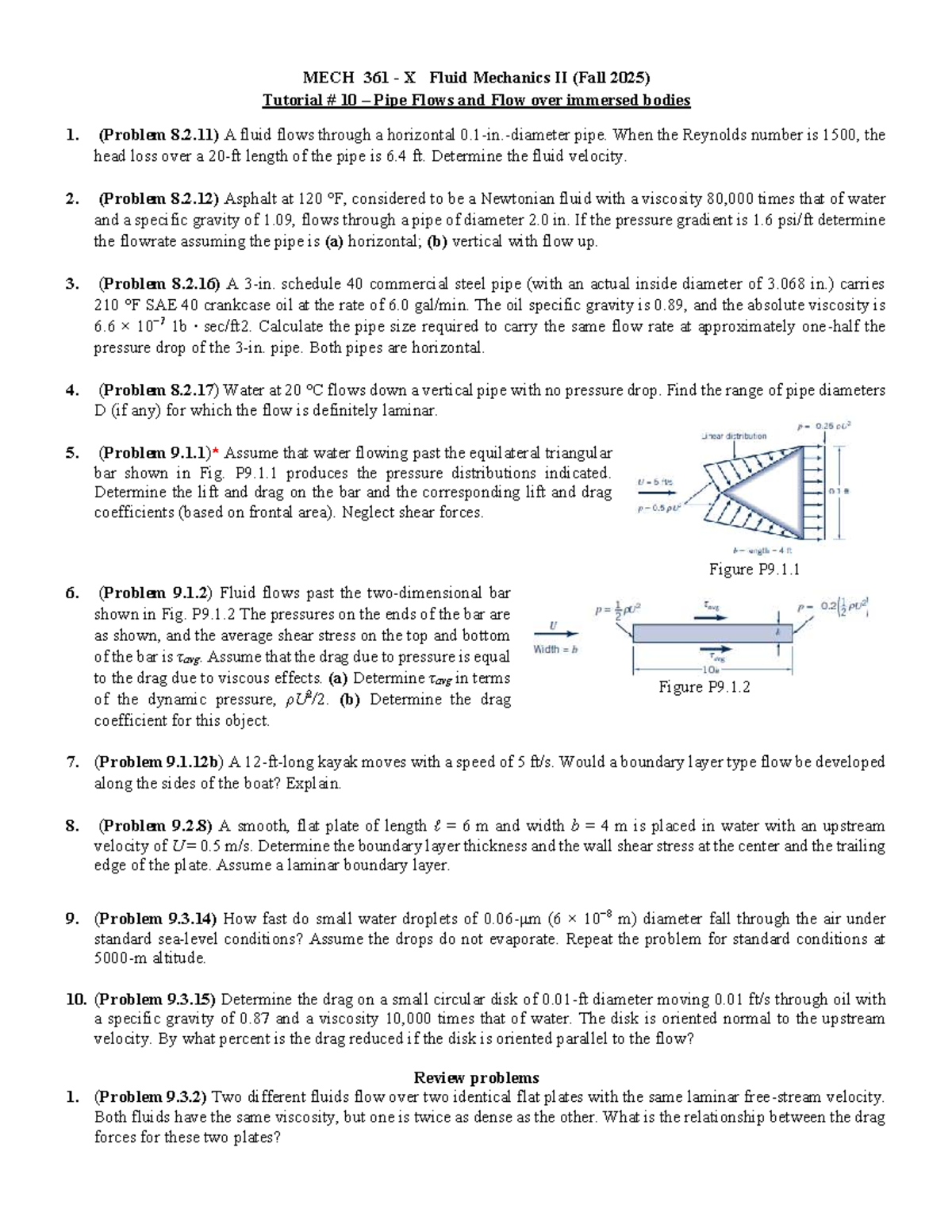 MECH 361 X Fluid Mechanics II (Fall 2025) Tutorial 10: Pipe & External ...