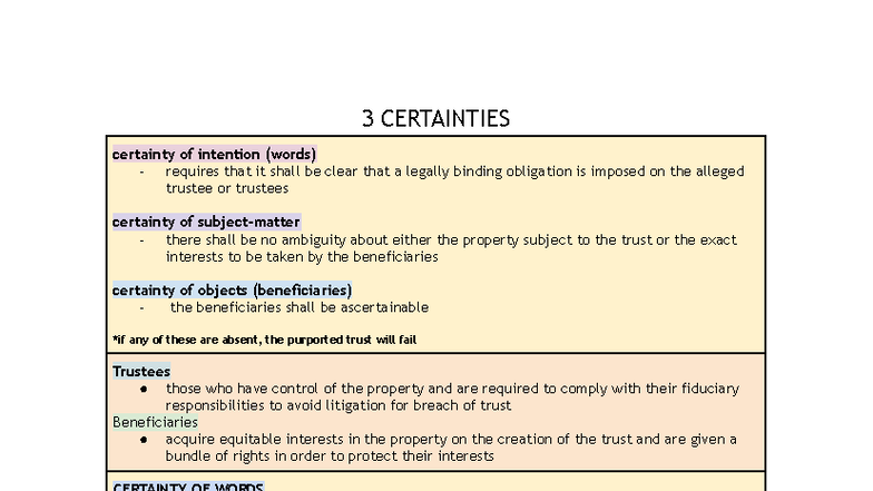 Trust Law: The 3 Certainties Explained (Course Code: LAW101) - Studocu
