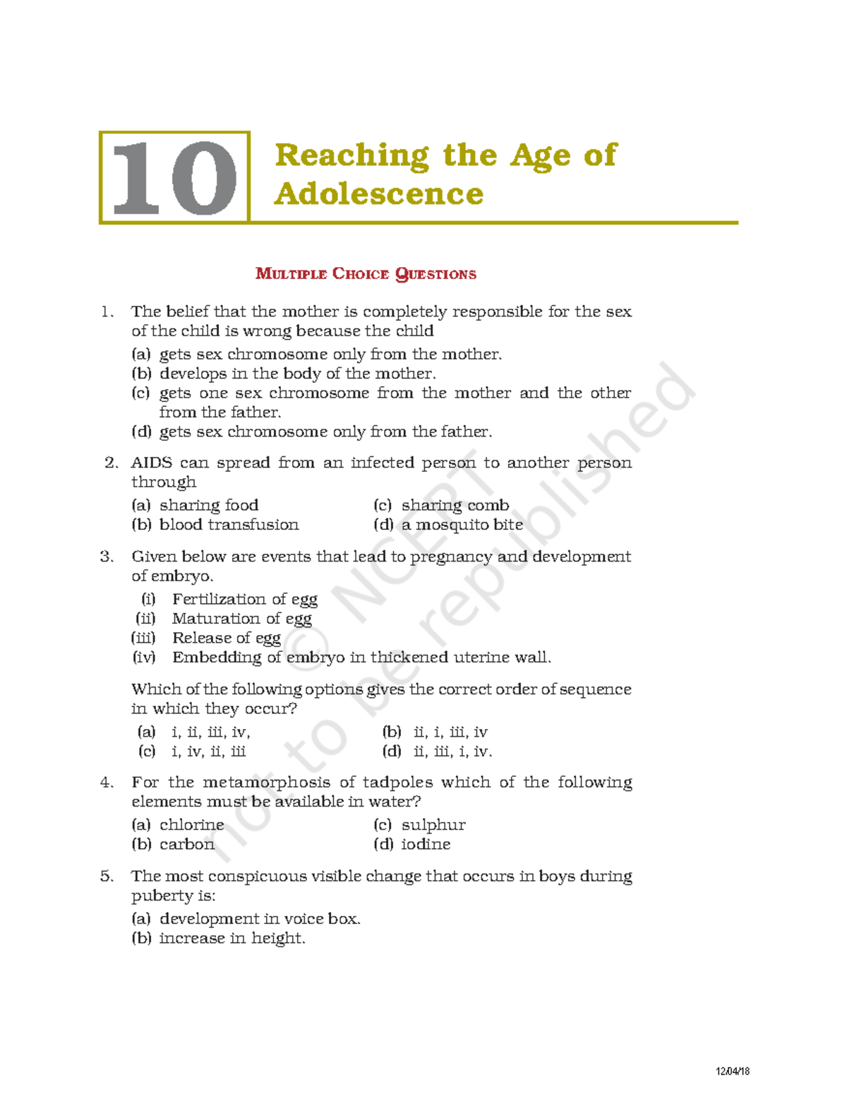 Science Chapter 7: Reaching the Age of Adolescence MCQs & Answers - Studocu