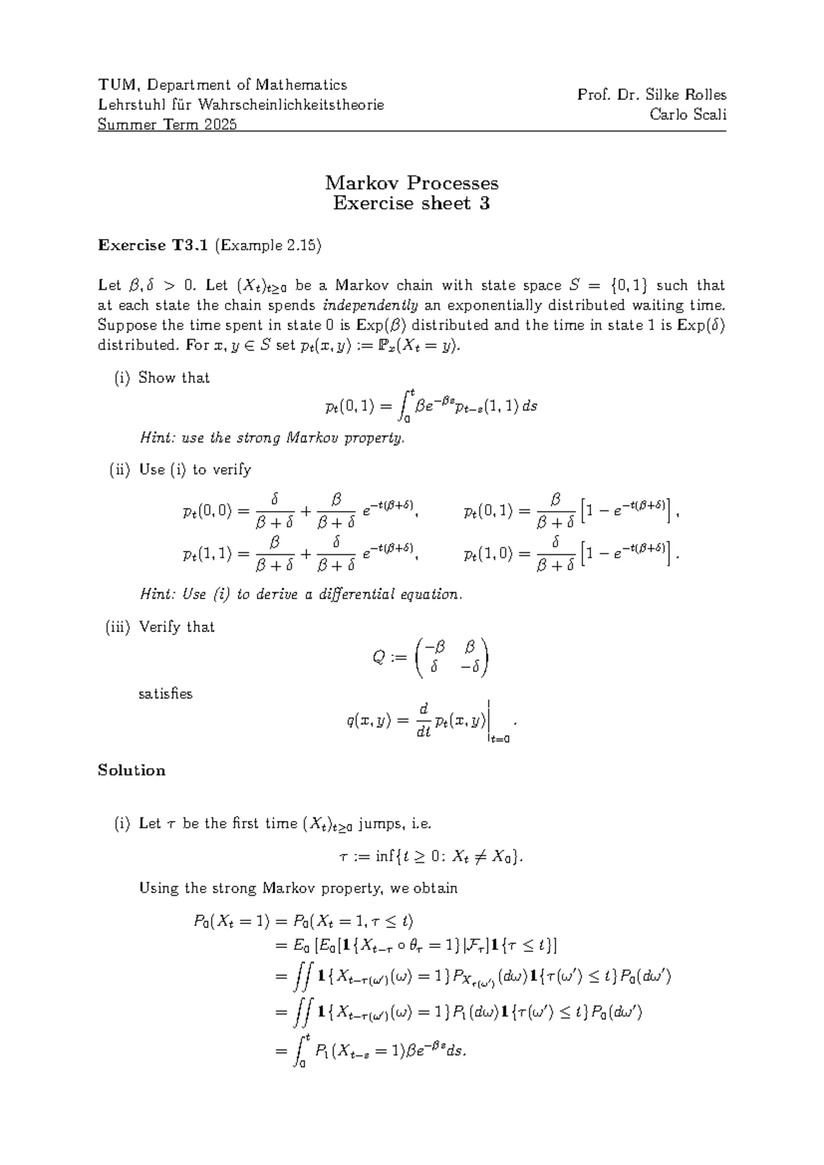 TUM Math 2025: Markov Processes Exercise Solutions Sheet 1 - Studocu