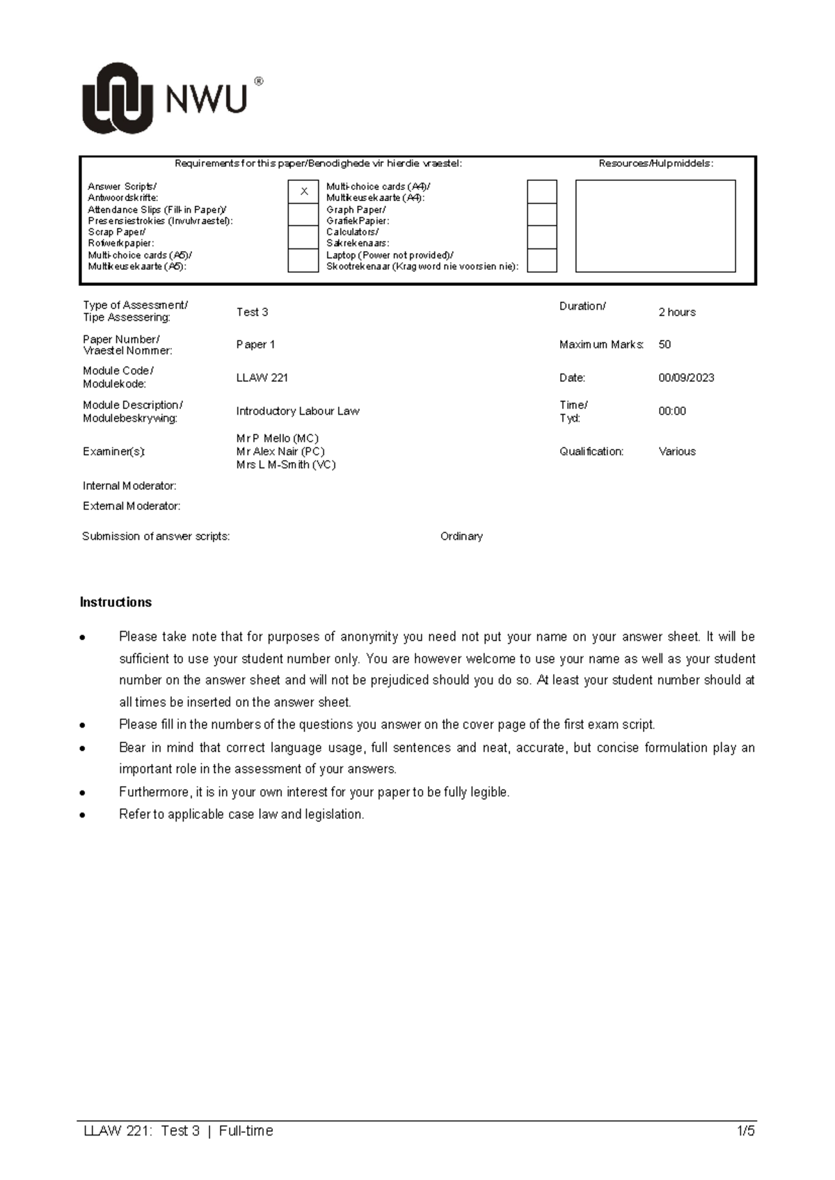 LLAW 221 - Memo for Test 3 on Labour Law Concepts and Assessments - Studocu