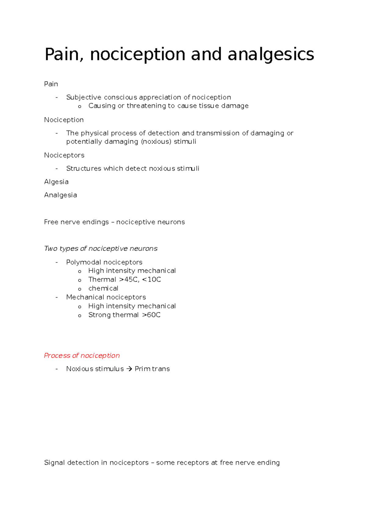 Pain and Analgesics Lecture Notes - Pain, nociception and analgesics ...