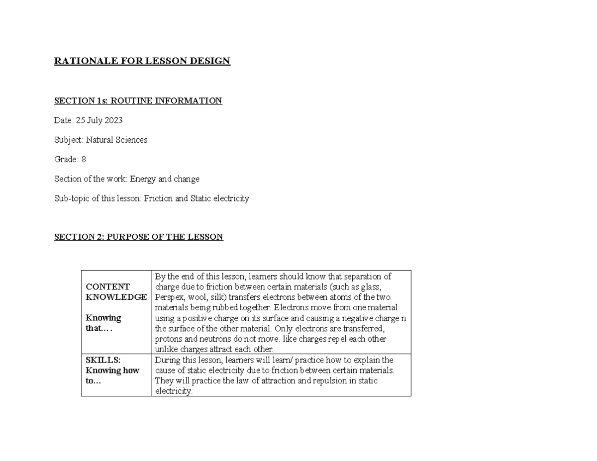 Lesson Plan for Grade 8 Natural Sciences: Friction & Static Electricity ...