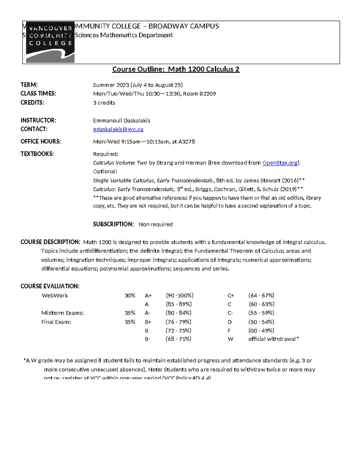 Math 1200 Course Outline: Integral Calculus - Summer 2023 - Studocu