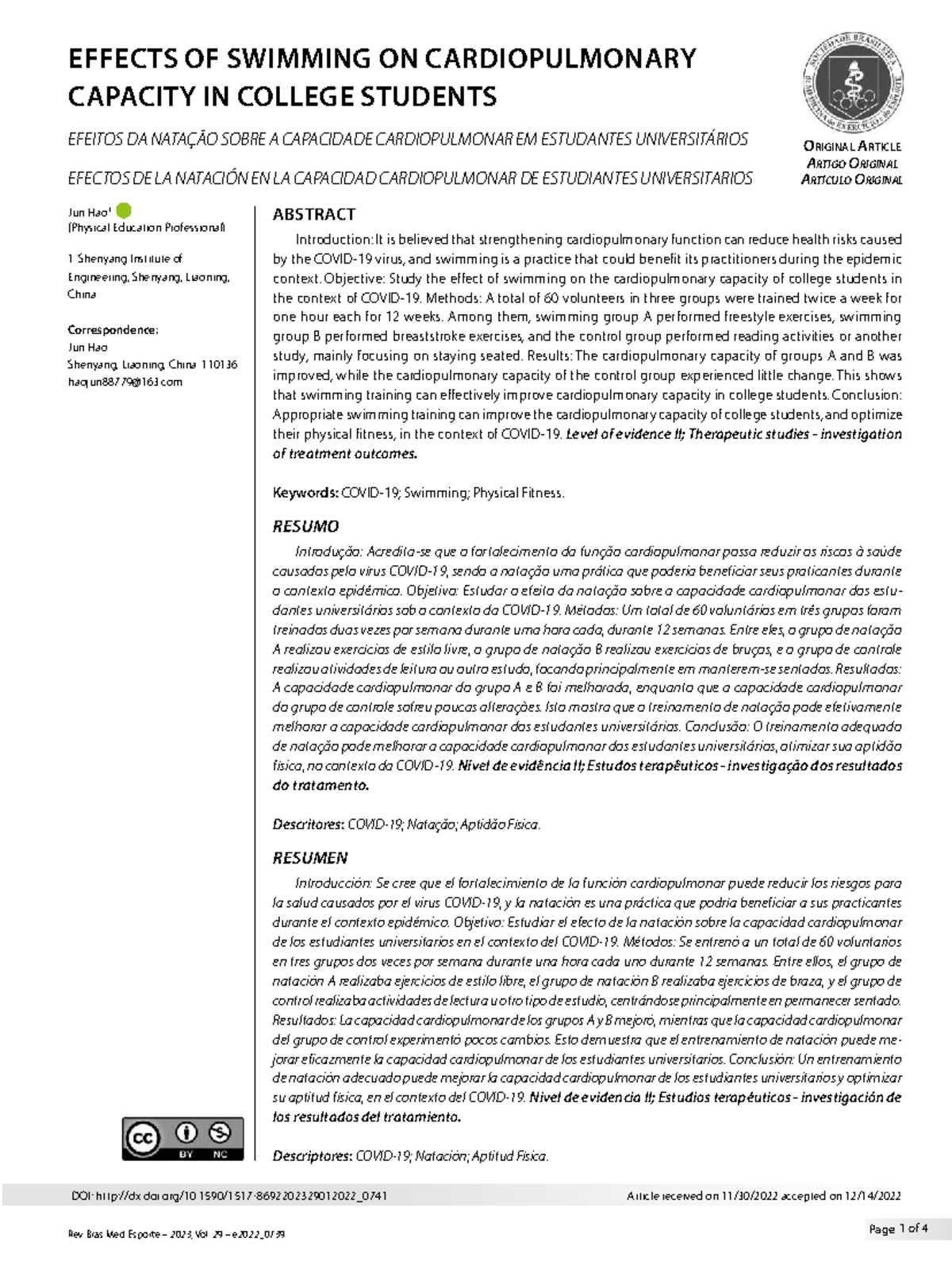 EFFECTS OF SWIMMING ON CARDIOPULMONARY CAPACITY IN COLLEGE STUDENTS (PE ...