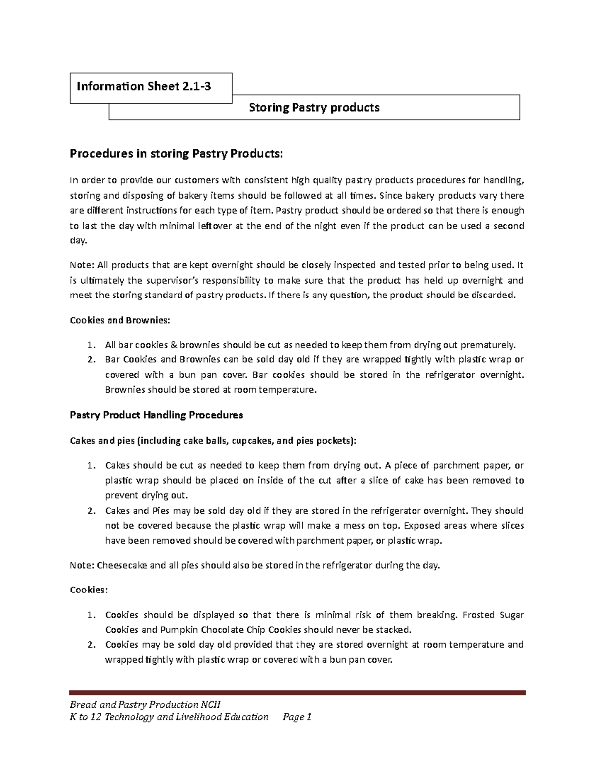 Storing Procedures for Pastry Products - Bread & Pastry Prod NCII - Studocu