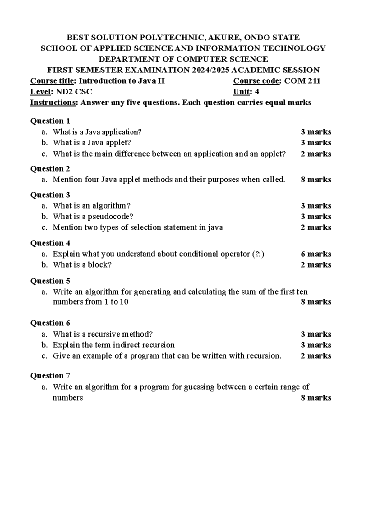 COM 211 - Introduction to Java II Past Exam Questions (ND2) - Studocu