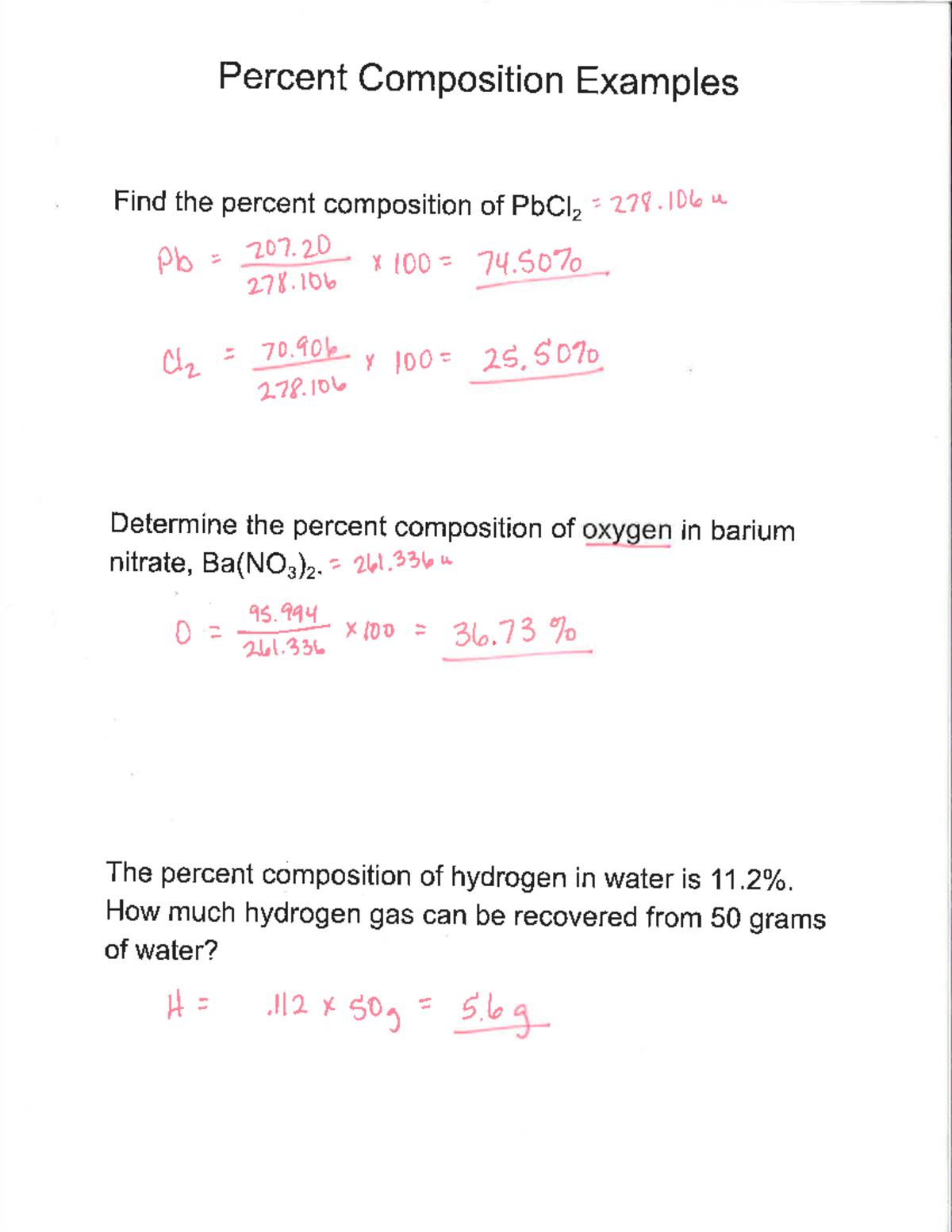 Percent Comp Ex with Answers - Percent Composition Examples Find the ...
