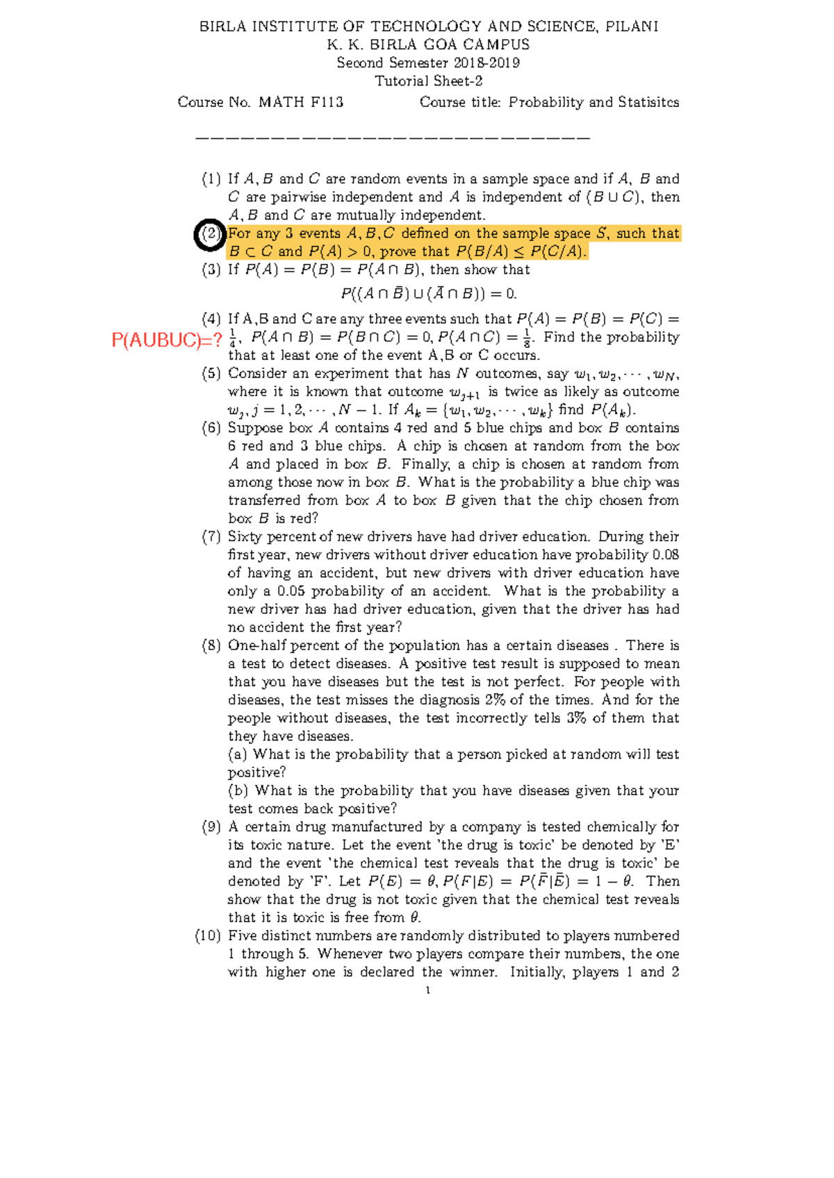 MATH F113 Tutorial 2: Probability and Statistics Practice Problems ...