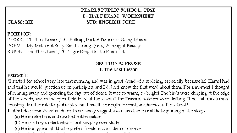 Class 12 - English Core Half Exam Worksheet: Prose & Poetry Analysis ...