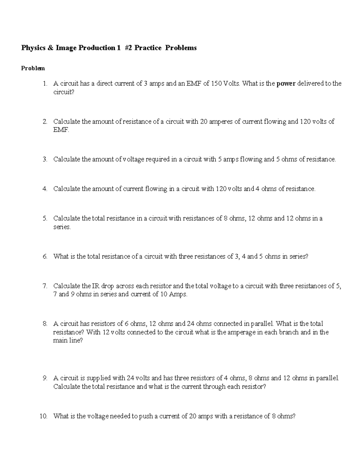Physics & IP #2 Practice Problems: Circuit Calculations and Analysis ...