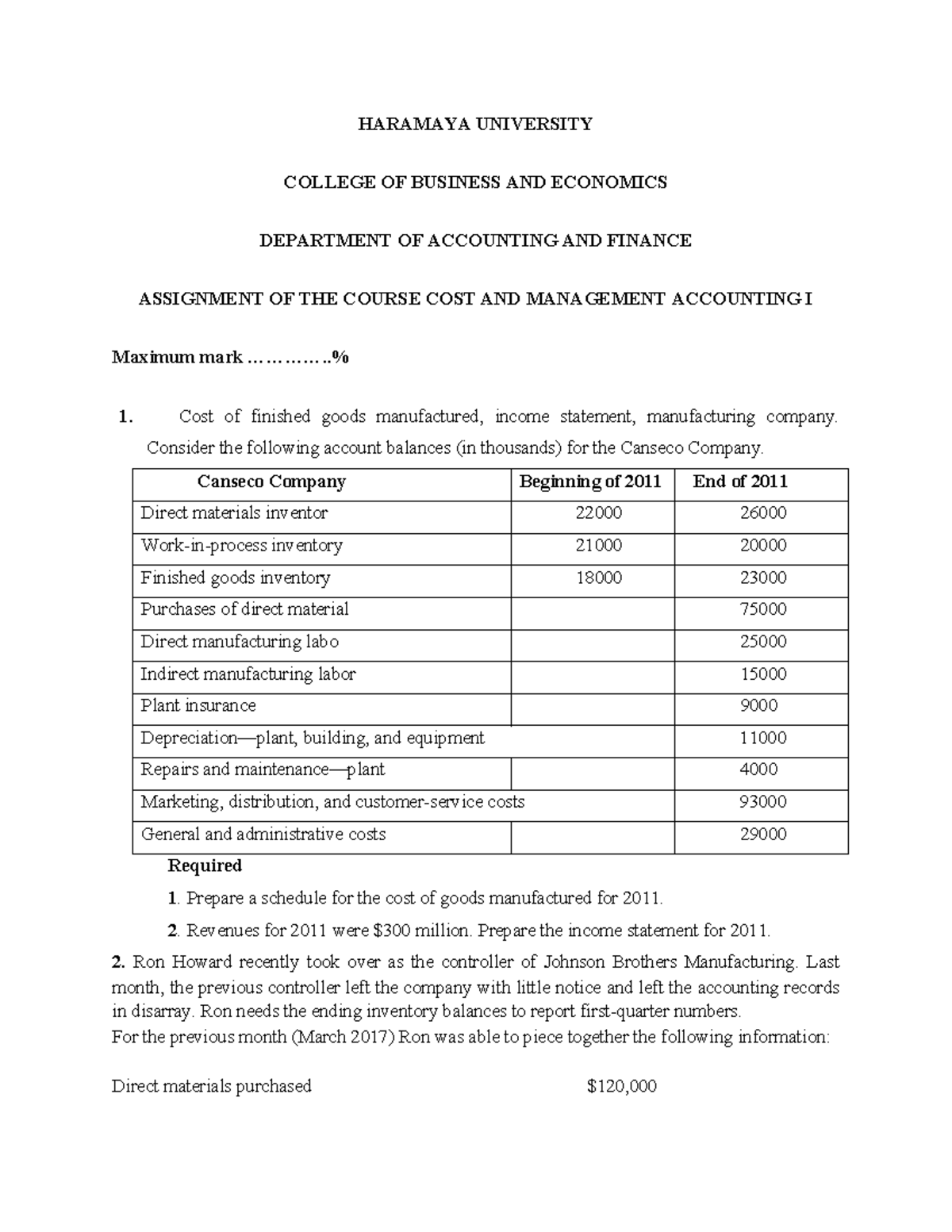 Cost and Management Accounting I Assignment - HARAMAYA UNIVERSITY - Studocu