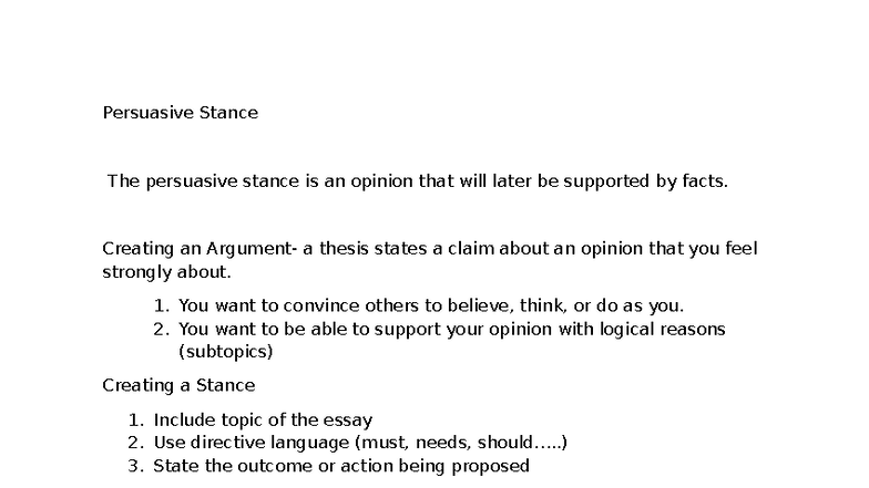 Persuasive Stance: Crafting Arguments in PHI 105 Essay Notes - Studocu