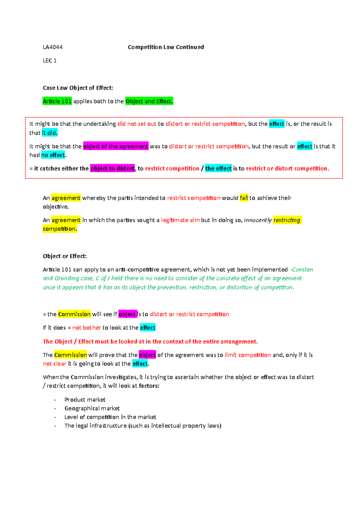 LA4044 Competition Law Continued: Object vs. Effect Analysis - Studocu