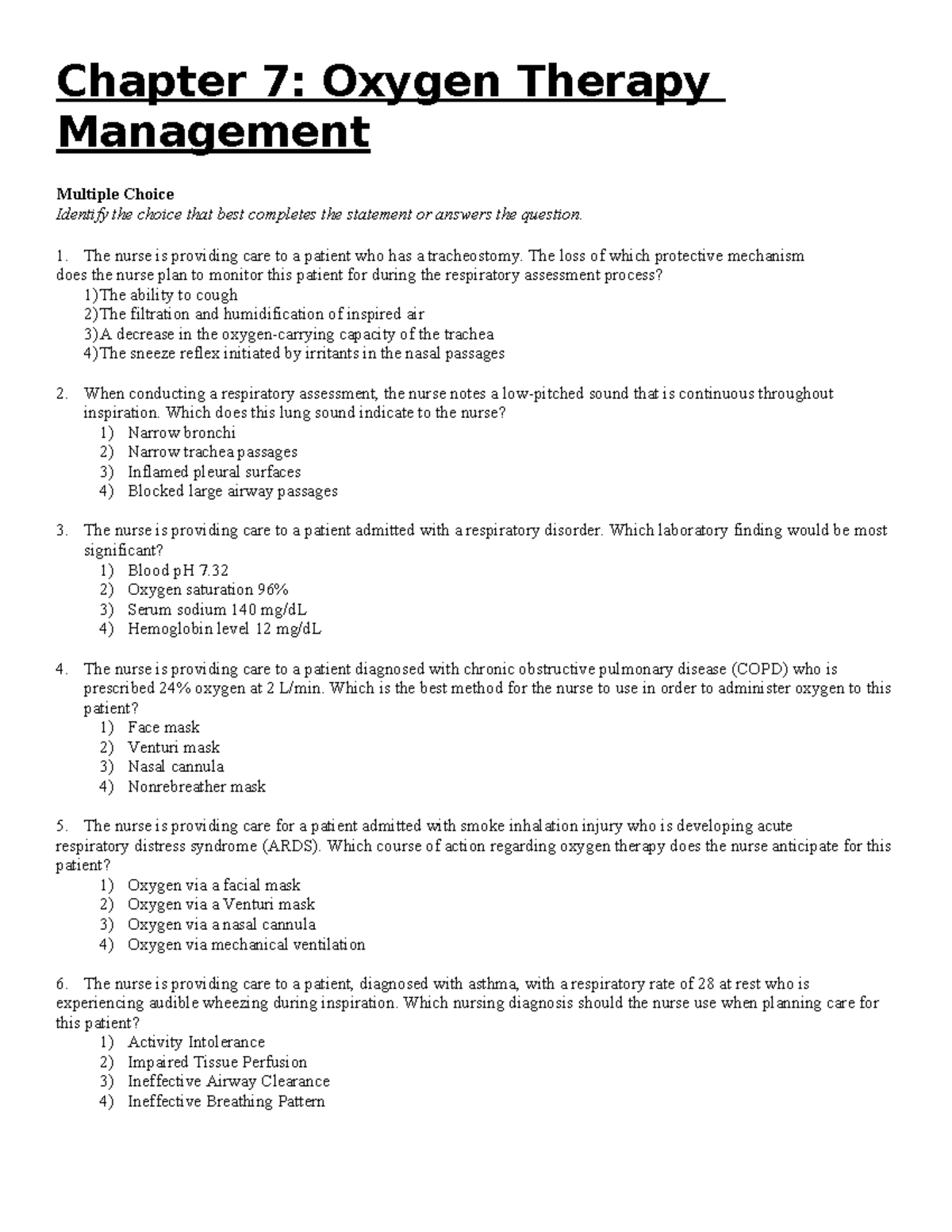 Module 5: Oxygen Therapy Practice Questions and Answers - Studocu
