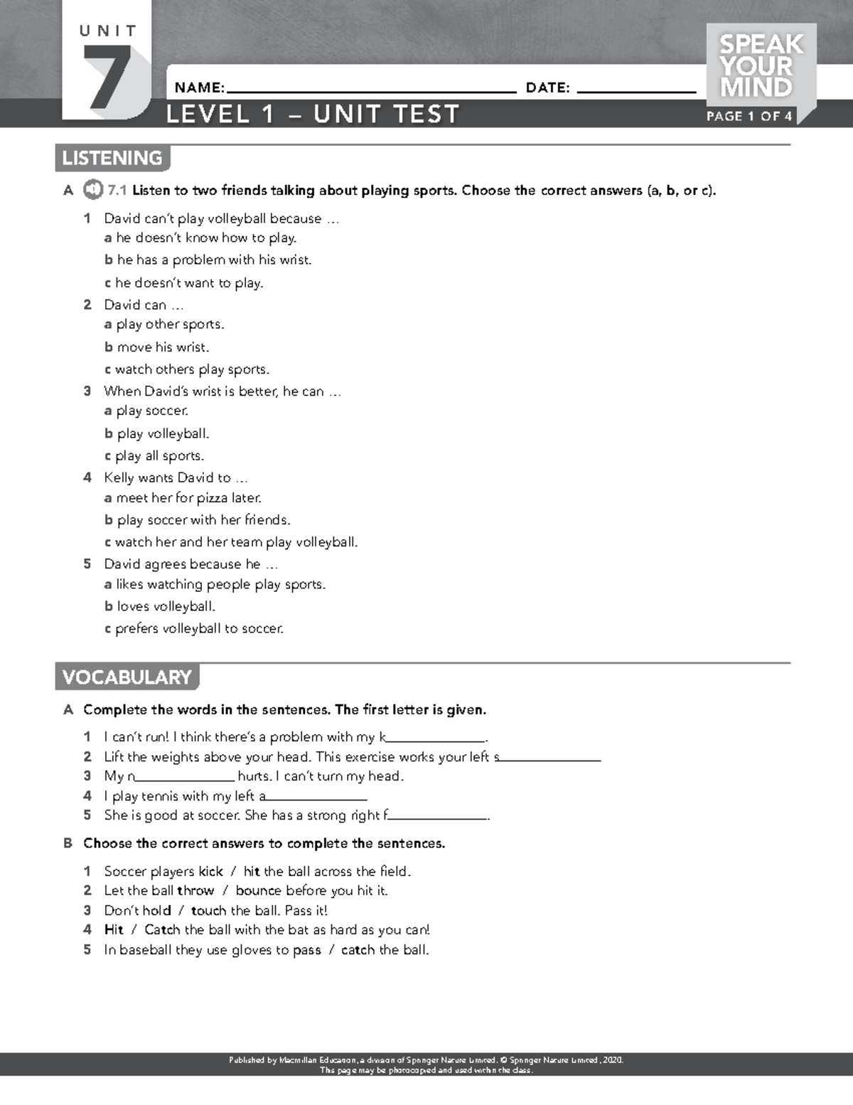 Unit 7 Level 1 Unit Test: Speak Your Mind Listening & Grammar - Studocu