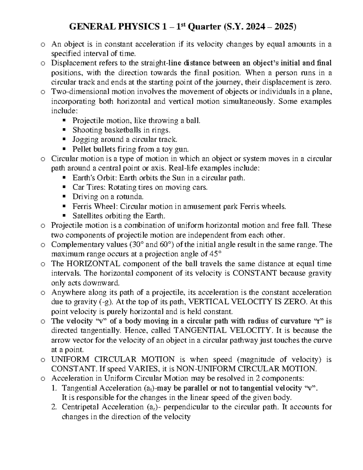 General Physics 1 Review Notes: 1st Quarter (S. 2024-2025) - Studocu