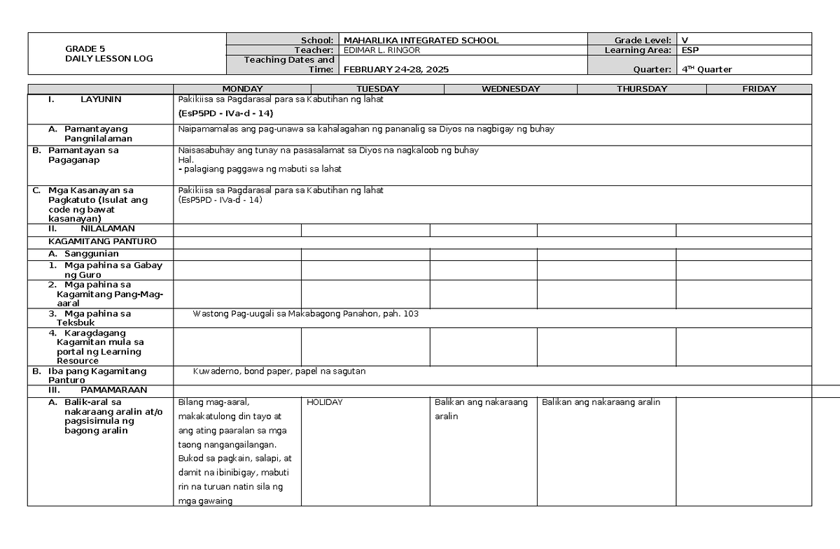 DLL ESP 5 Q4- February 24-28, 2025 - GRADE 5 DAILY LESSON LOG School ...