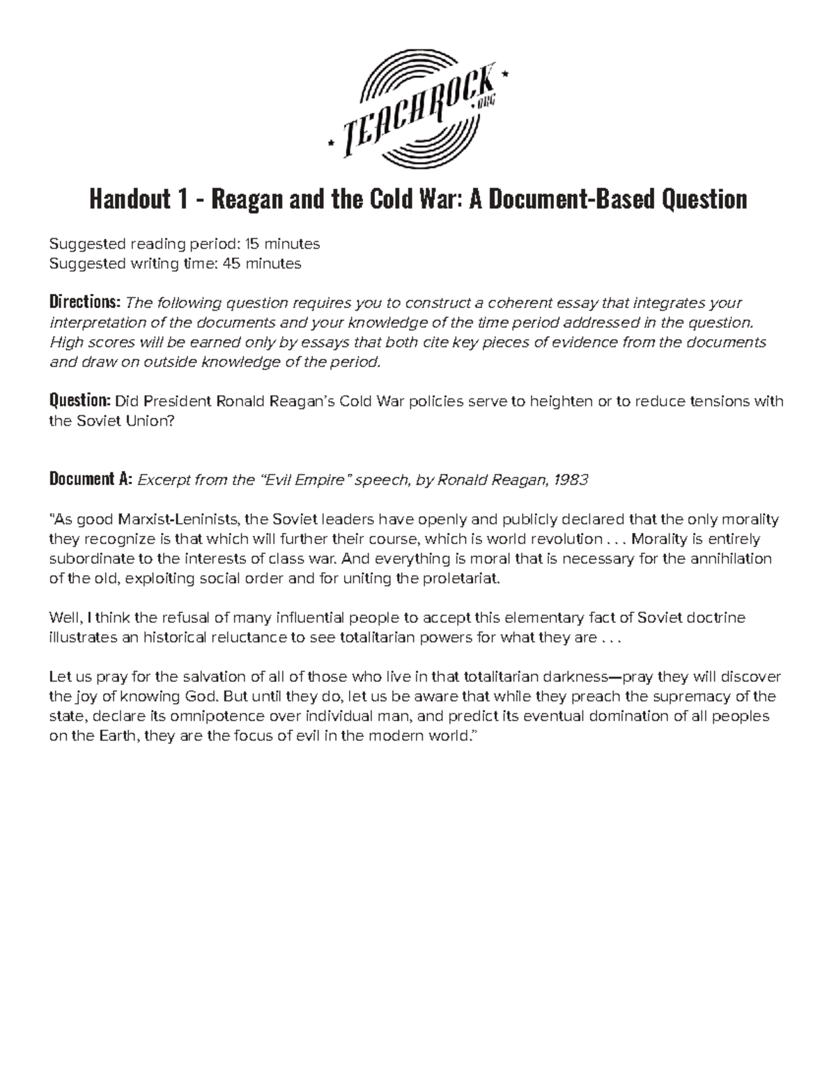Cold-War Teach Rock-Document-Based-Question - Handout 1 - Reagan and ...