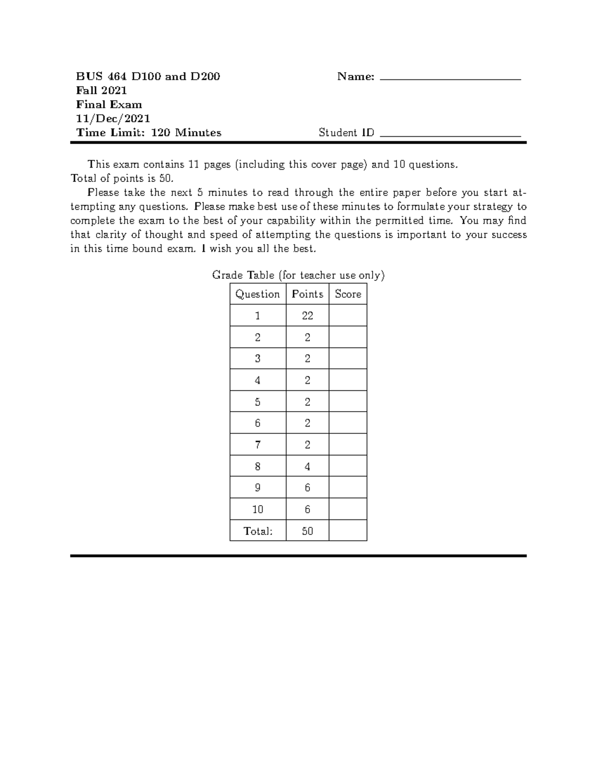 BUS 464 D100 and D200 Fall 2021 Final Exam Sample Questions and ...