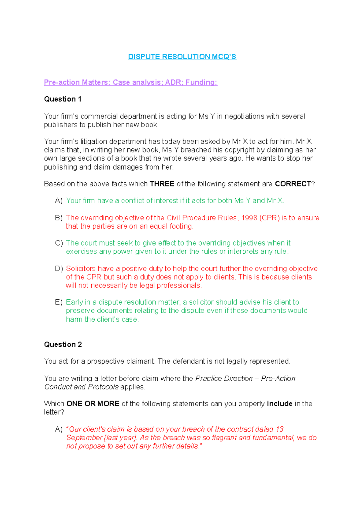 Dispute Resolution MCQ - DISPUTE RESOLUTION MCQ’S Pre-action Matters ...