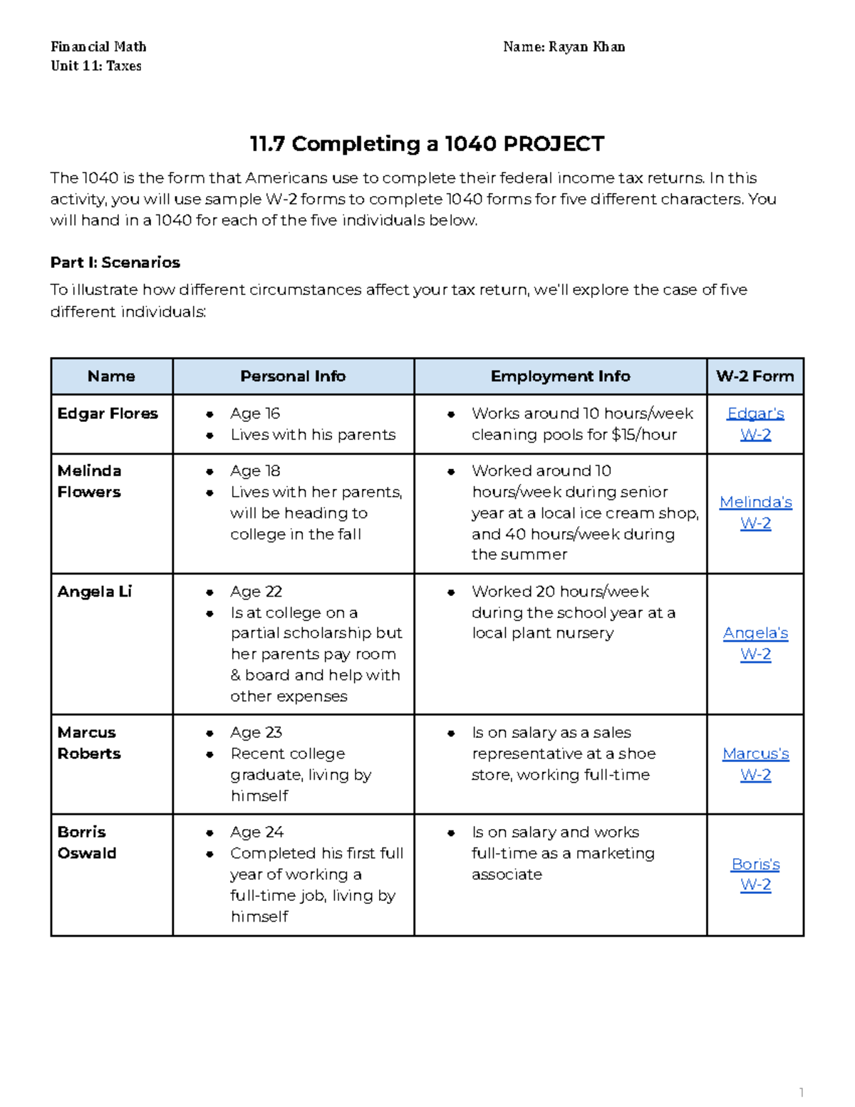 Copy of 11.7 Completing a 1040 Project - Financial Math Name: Rayan ...