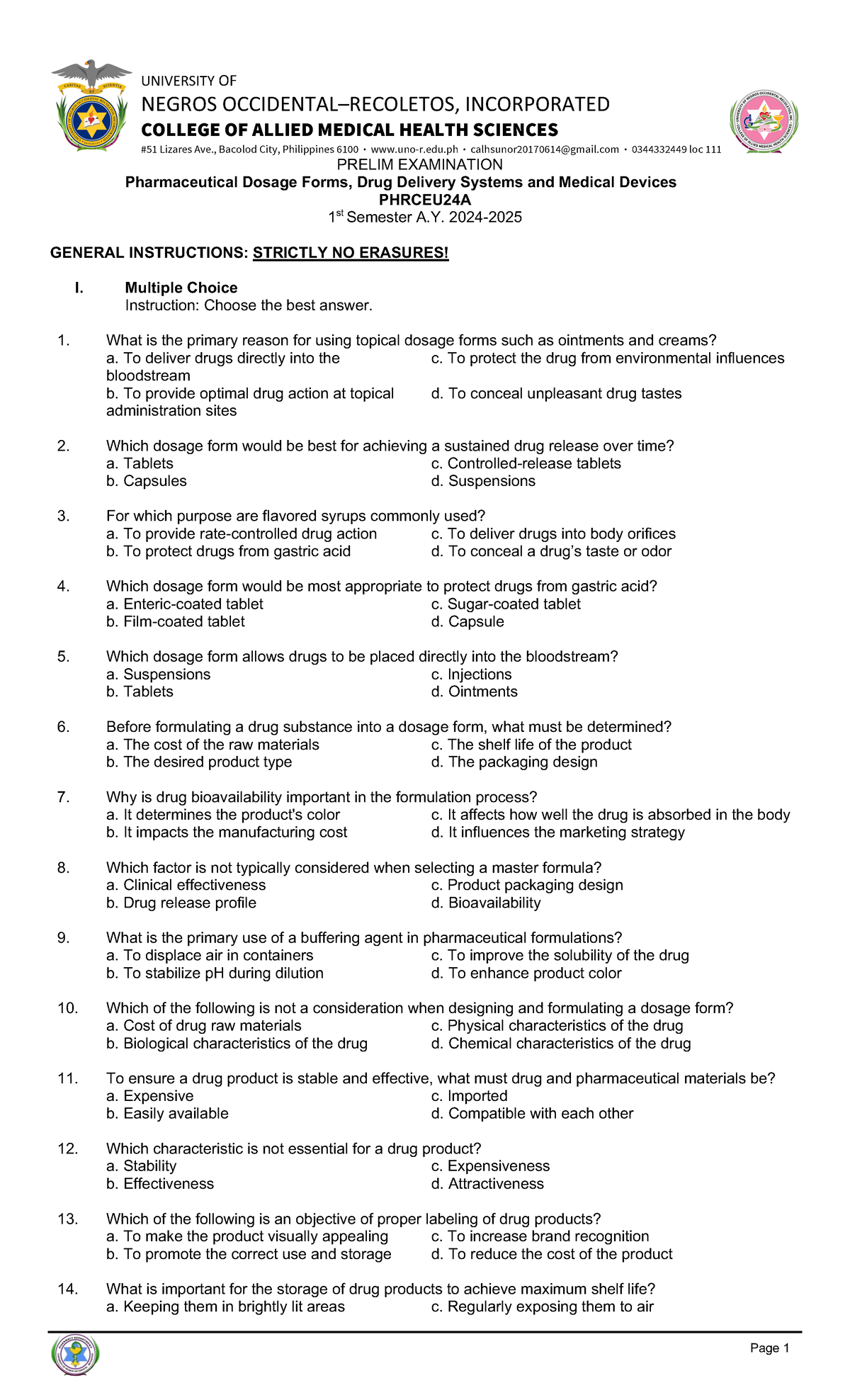DDS-PHRCEU24A-Prelim-Exam-Pharmaceutical-Dosage-Forms-2024 - Studocu
