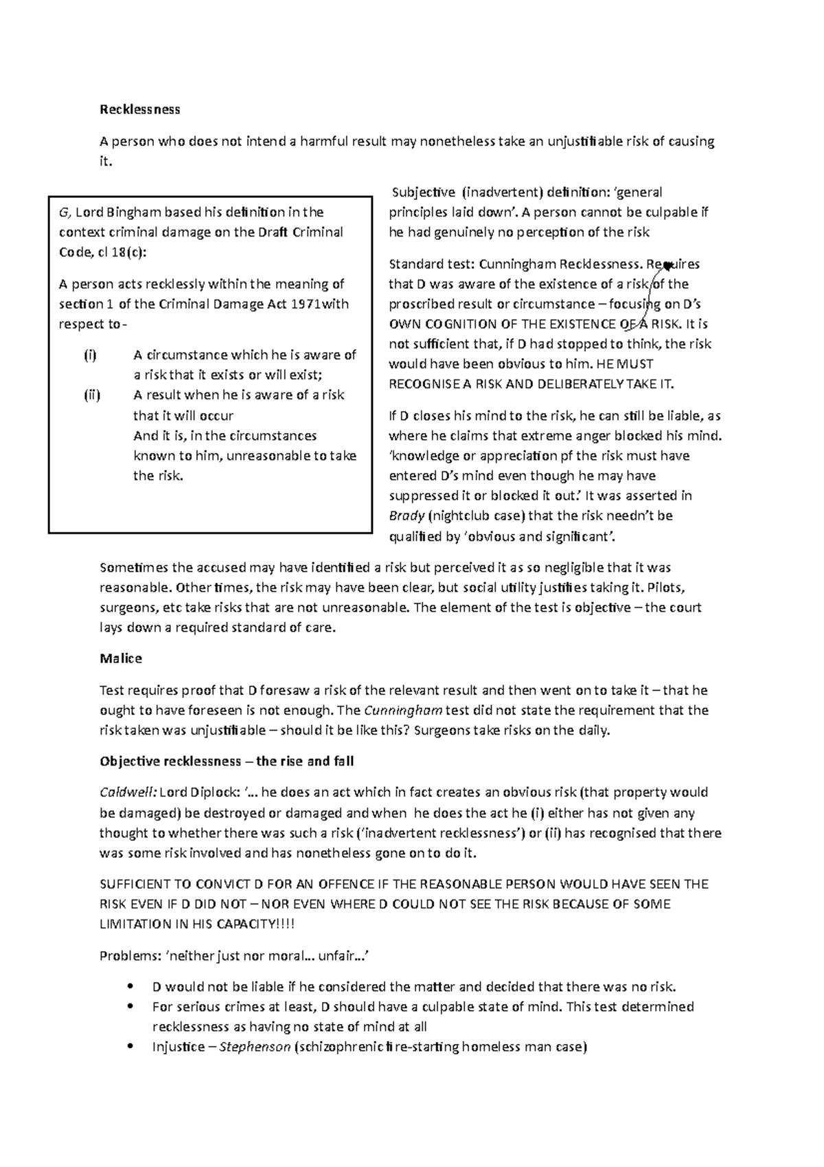Mens Rea and Recklessness: Exploring the Cunningham Standard - Studocu