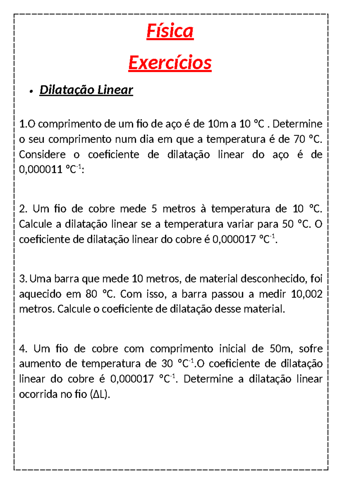 Física - Exercícios de Dilatação Linear e Cálculos - Studocu