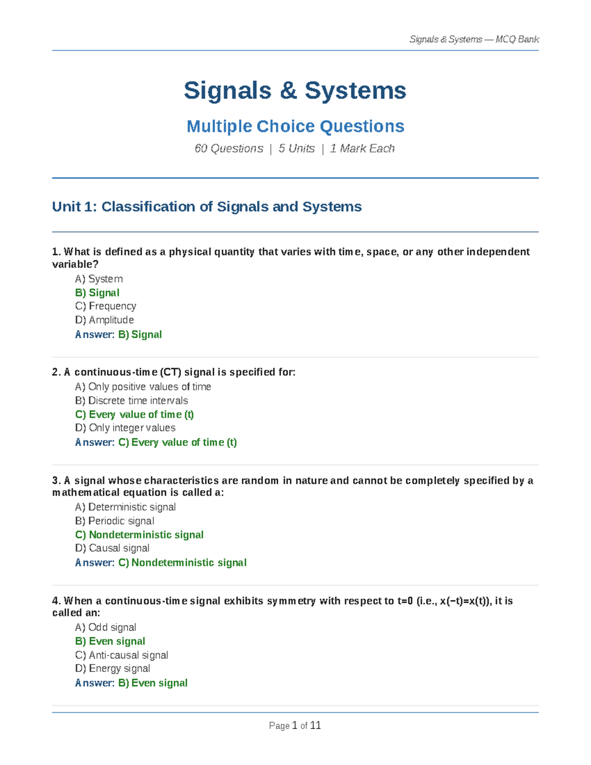 Signals Systems MCQ Bank: 60 Questions Across 5 Units - Studocu