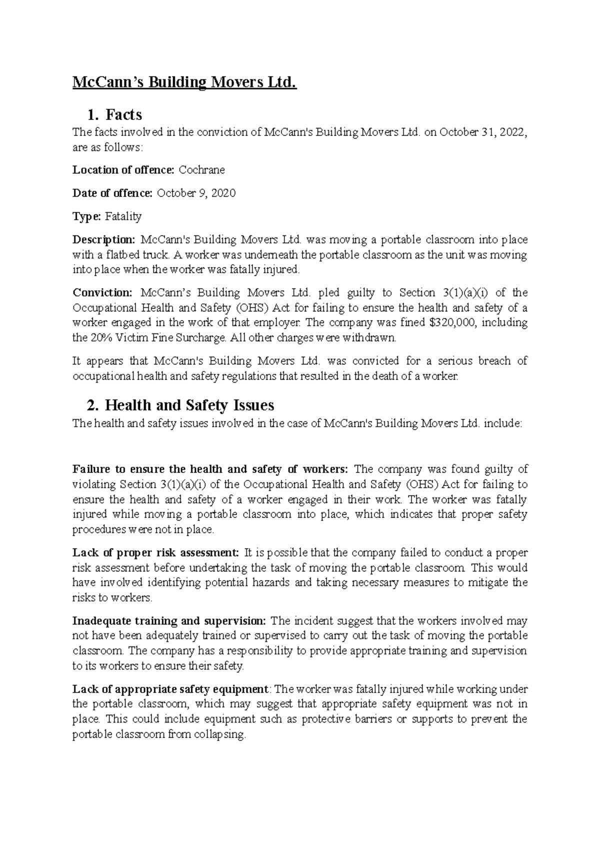 McCann's Building Movers Ltd: Occupational Health Safety Violation Case ...