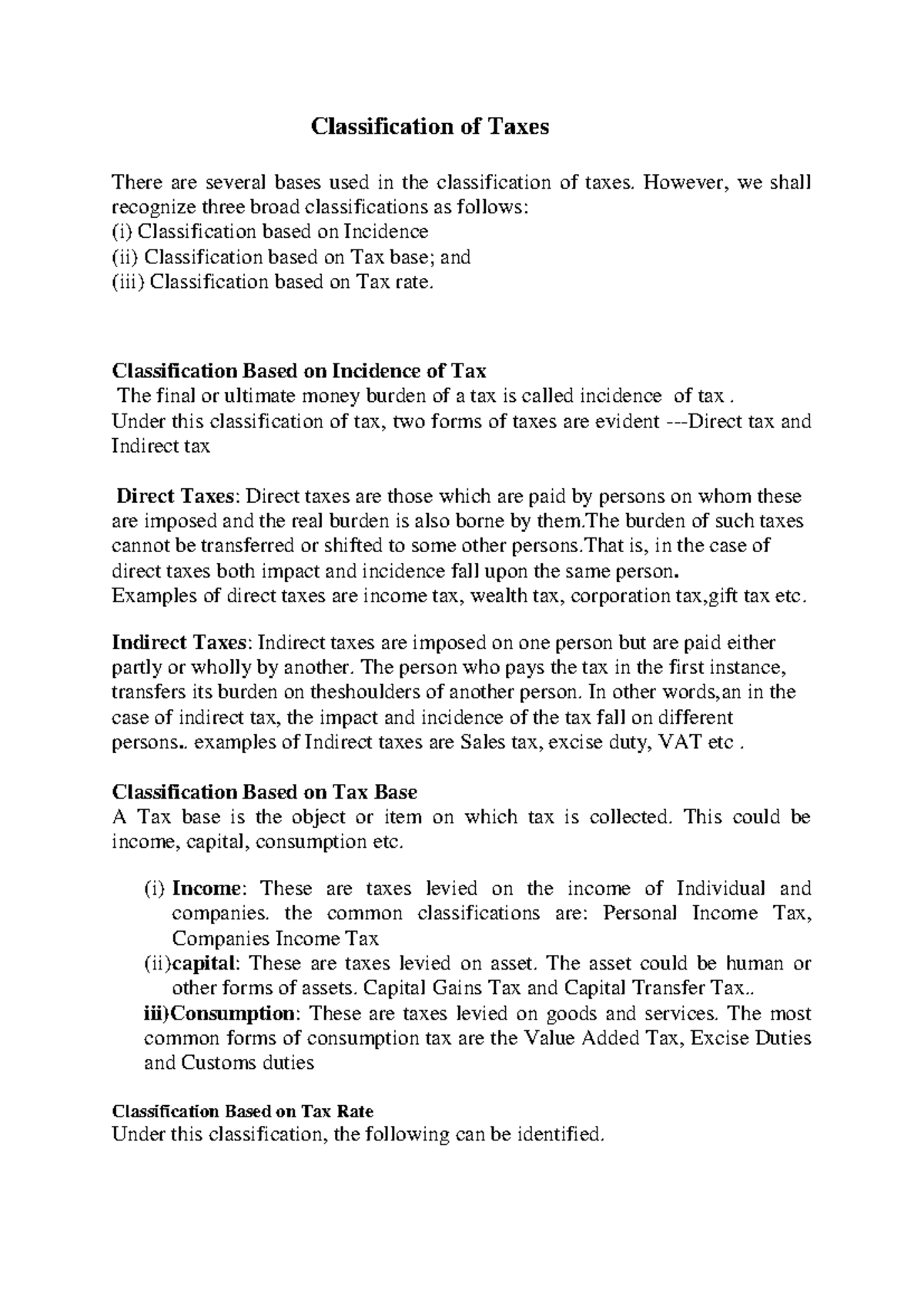 Taxation Classification Overview: Incidence, Base, and Rate - Studocu