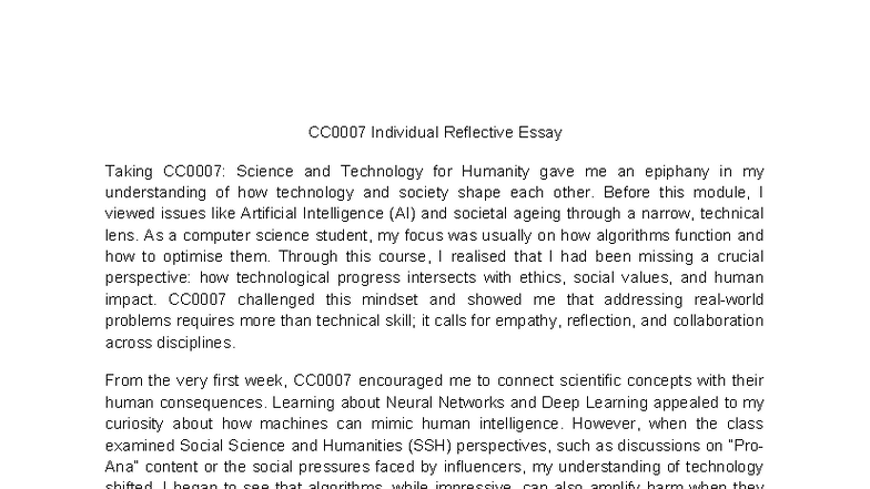 CC7 - Essay - CC0007 Individual Reflective Essay Taking CC0007: Science ...