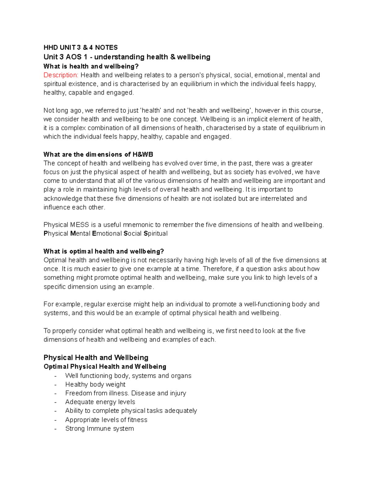 HHD ¾ Unit 3 AOS 1: Understanding Health and Wellbeing Notes - Studocu